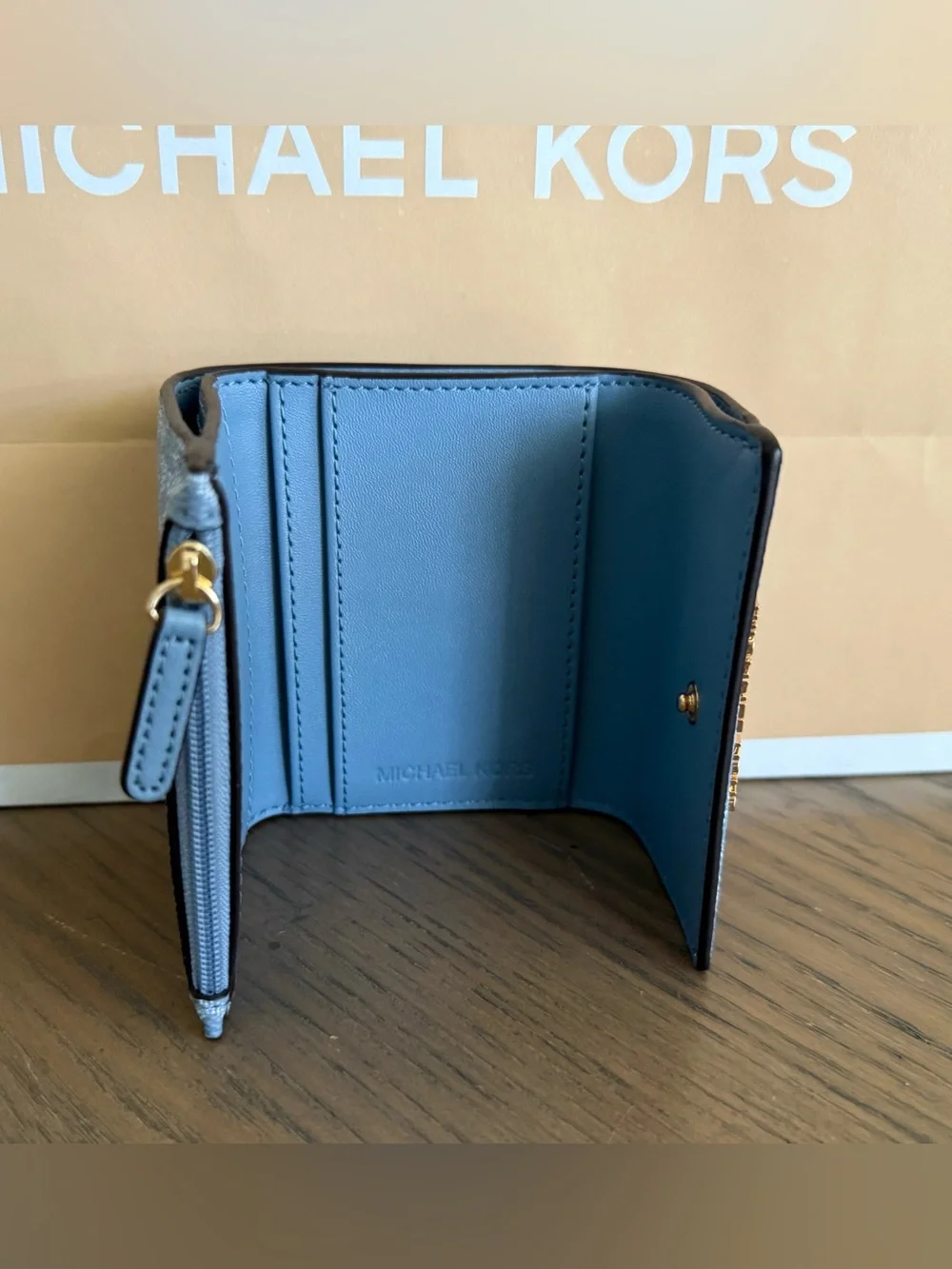 Michael Kors Light Blue Logo-Print Compact Wallet with Gold Hardware - Picture 2 of 10